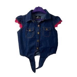 Girls Size 4 Denim Shirt Dollhouse Blue and Pink Sleeveless Tie Up Button-Down